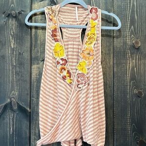 Free People Frida Top Size L Floral Applique Orange Cream Faux Wrap Stretch Boho